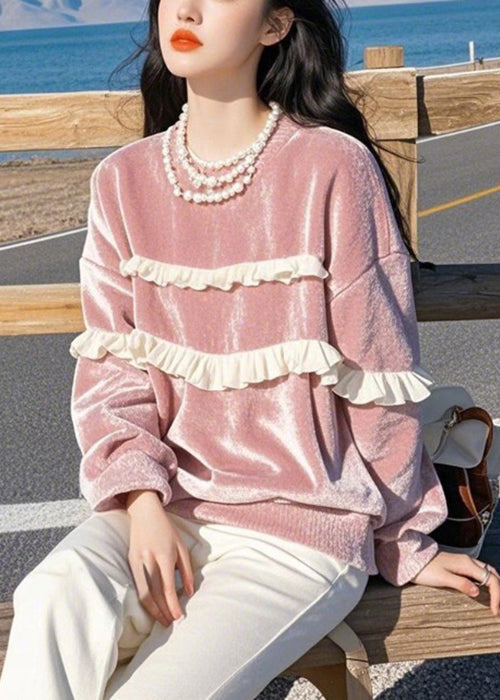 Loose Pink O-neck Ruffled Silk Velour T Shirts Winter