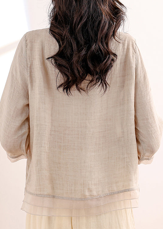 Khaki Embroidered Patchwork Linen Two Piece Set Outfits Summer