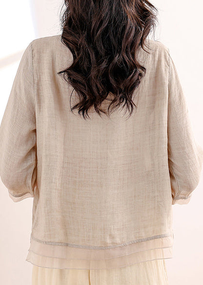 Khaki Embroidered Patchwork Linen Two Piece Set Outfits Summer