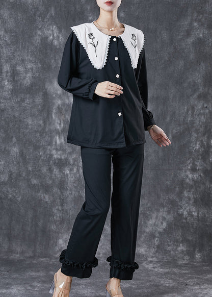 Black Peter Pan Collar Ruffled Cotton Two Piece Set Spring