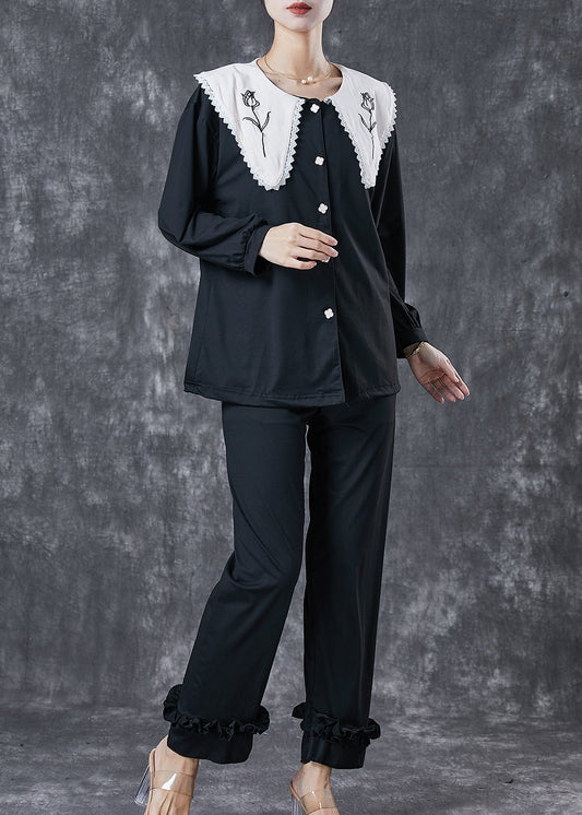 Black Peter Pan Collar Ruffled Cotton Two Piece Set Spring