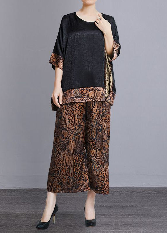 Leopard O-neck Print Patchwork Silk Two Pieces Set Batwing Sleeve