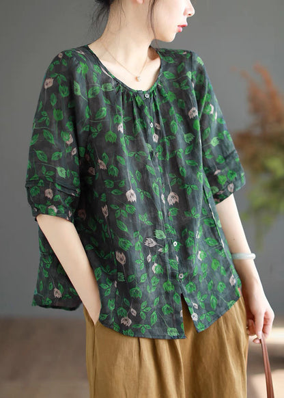 Green Print Button Linen Shirt Half Sleeve