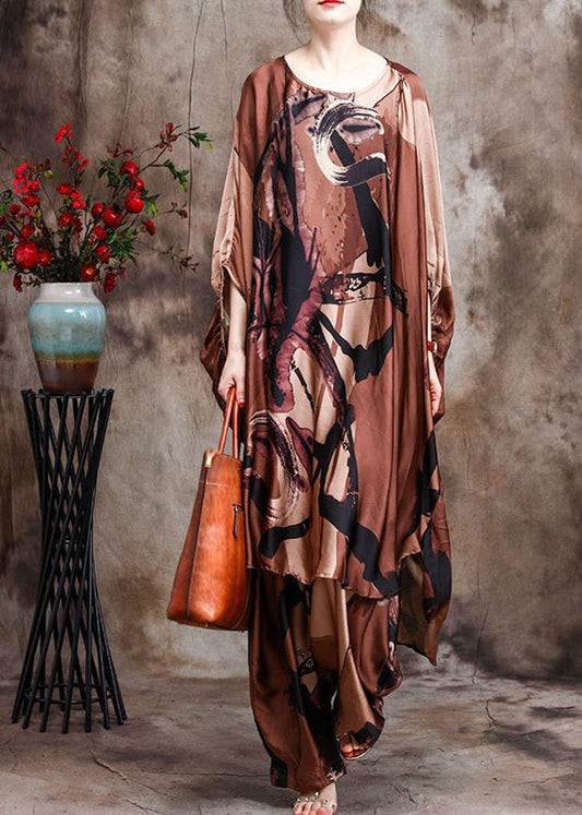 Baggy Chocolate Print Silk Dress and Wide Leg Pants Two Piece Suit Set Batwing Sleeve