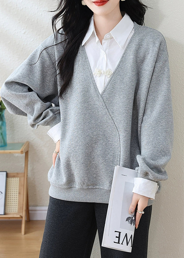Grey Peter Pan Collar False Two Pieces Patchwork Cotton Sweatshirt Fall