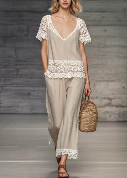 Khaki V Neck Lace Patchwork Two Piece Set Clothing Summer