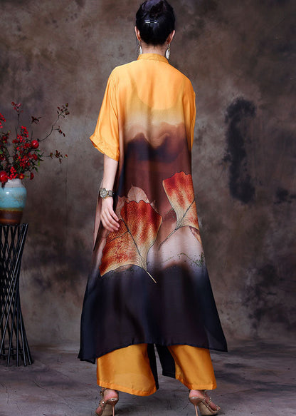 French Yellow Stand Collar Print Silk Long Shirt and Wide Leg Pant Two Pieces Set Summer