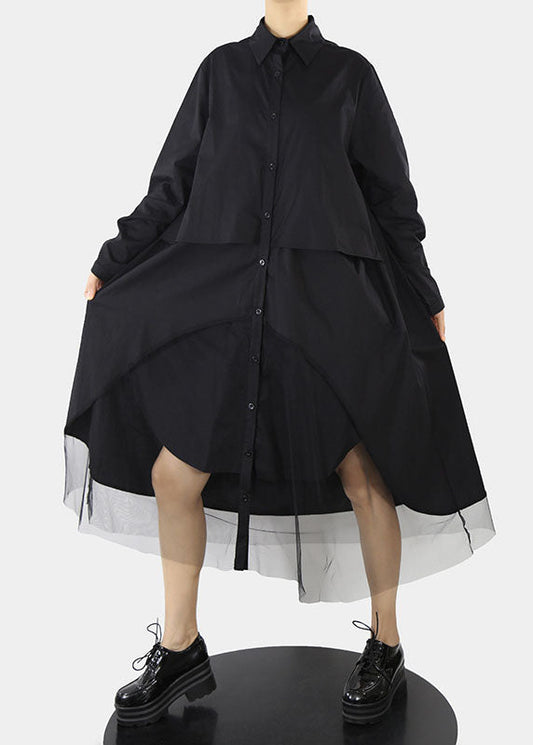 Black Tulle Patchwork Shirt Dresses Button Asymmetrical Design Peter Pan Collar Spring