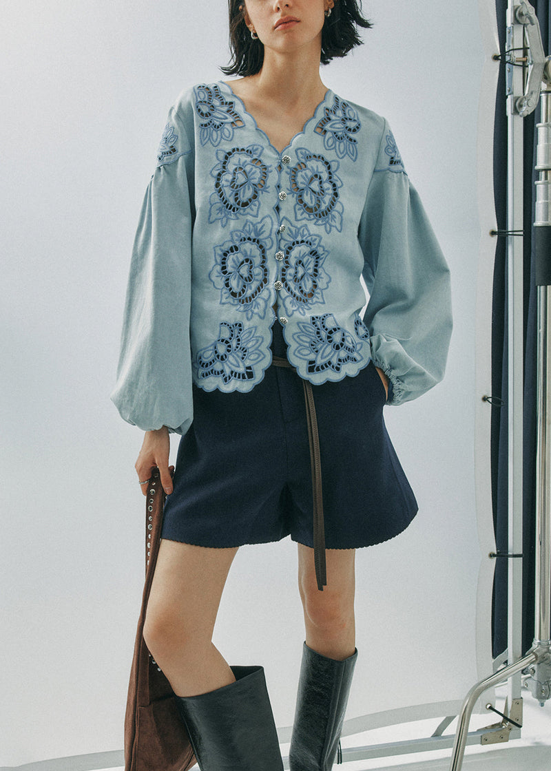 French Blue V Neck Hollow Out Cotton Shirt Top Fall