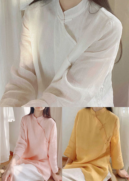 Yellow Stand Collar Button Cotton Shirt Tops Spring