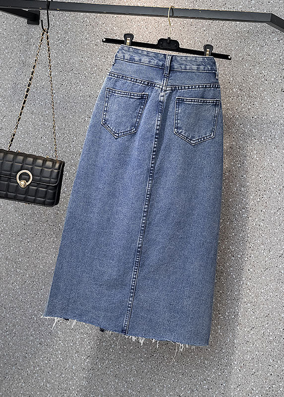 Style Denim Light Blue High Waist Side Open Button Asymmetrical Pockets Cotton a Line Skirts Summer