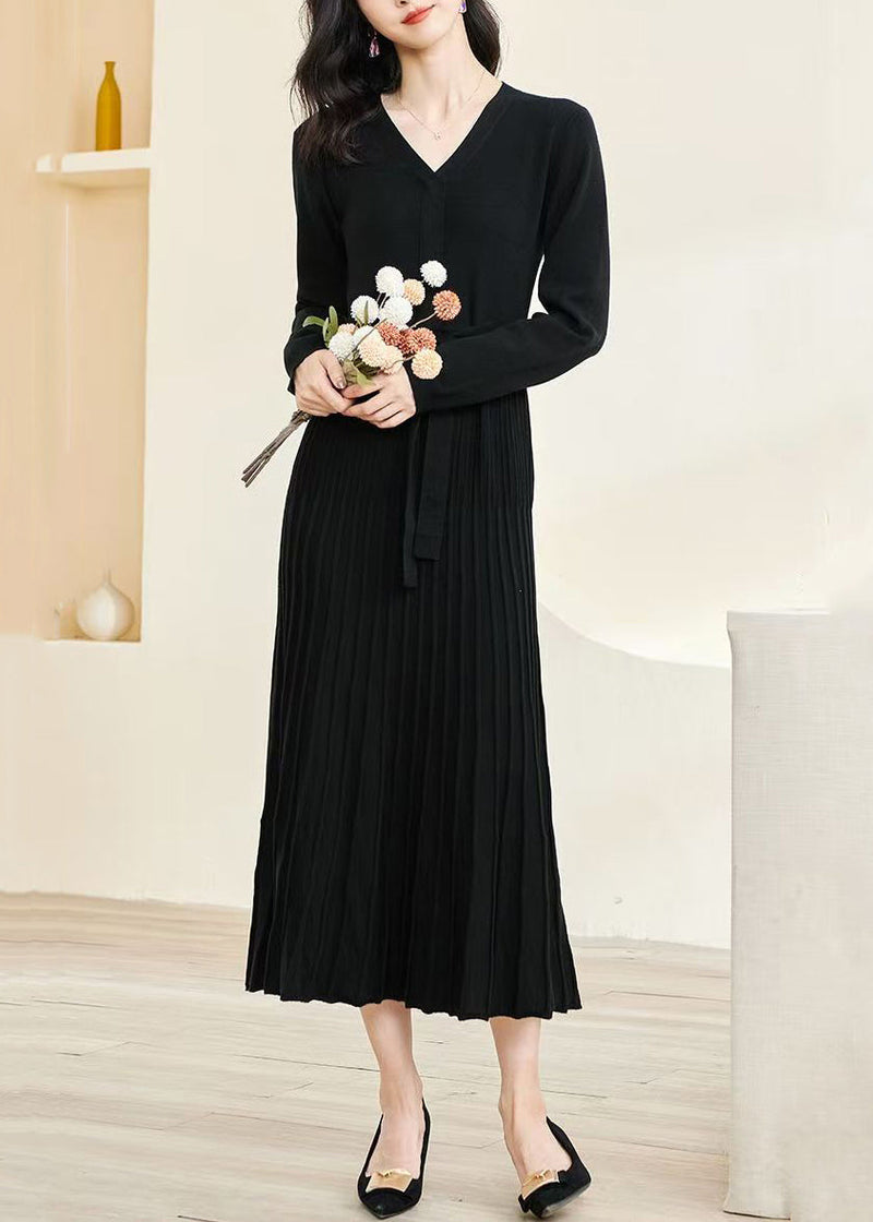 Slim Fit Black V Neck Wrinkled Tie Waist Knit Long Dress Fall
