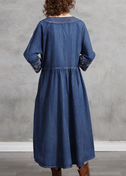 French Blue Cinched V Neck Embroideried Pocket Cotton Dresses Long Sleeve