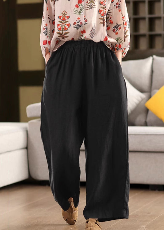 Simple Black Elastic Waist Linen Pants Summer