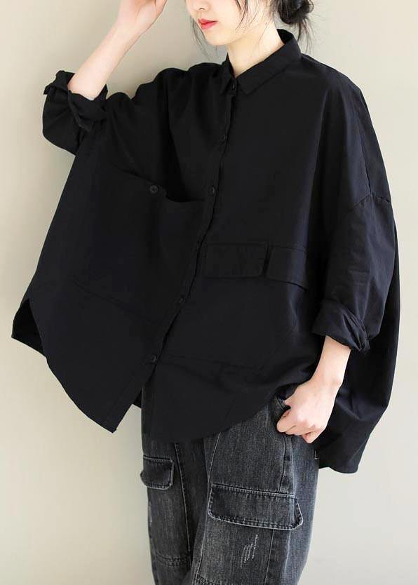 Unique Lapel Asymmetric Blouse Sewing Black Shirt