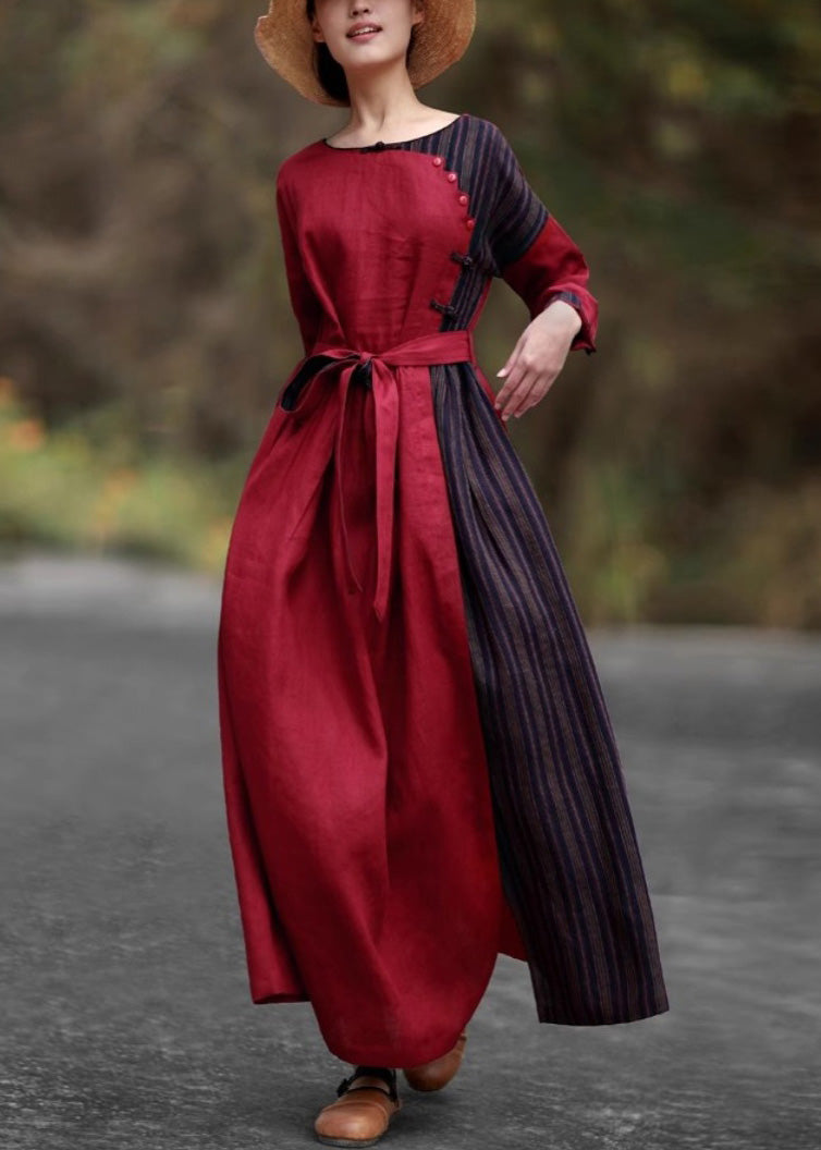 Red Pockets Tie Waist Patchwork Cotton Long Dresses Spring