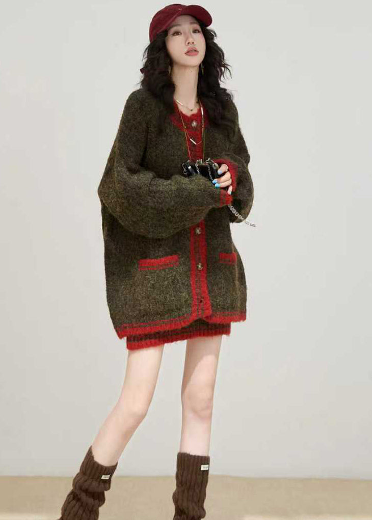Brown Thick Pockets Knit Loose Two Pieces Set Winter