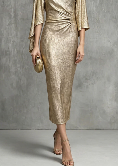 Champagne Asymmetrical Design Zircon Wrinkled Dress Summer