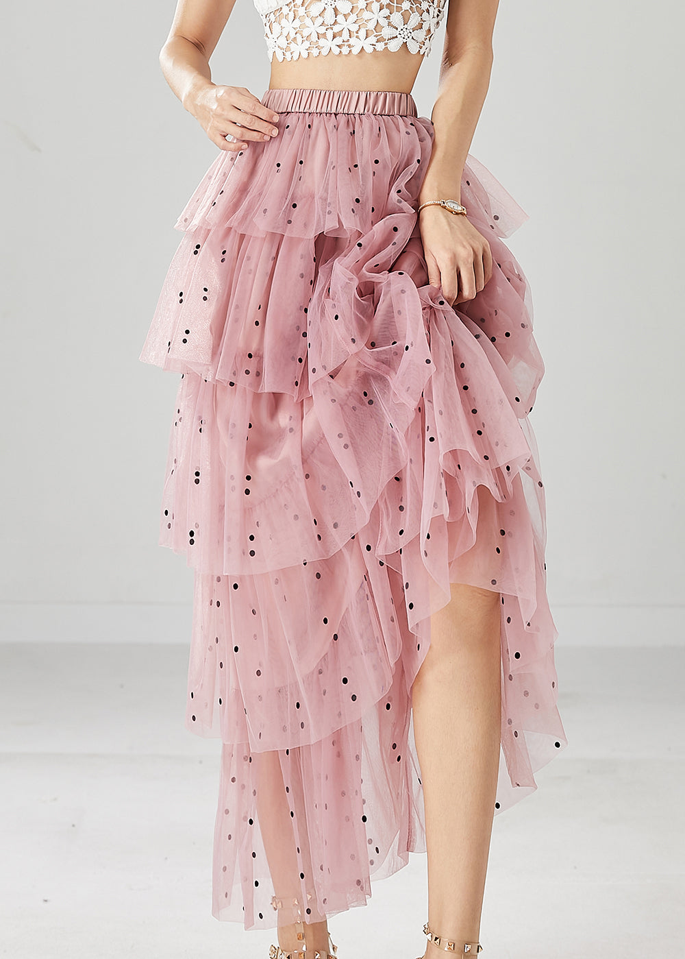 Stylish Pink Dot Print Layered Tulle a Line Skirts Fall