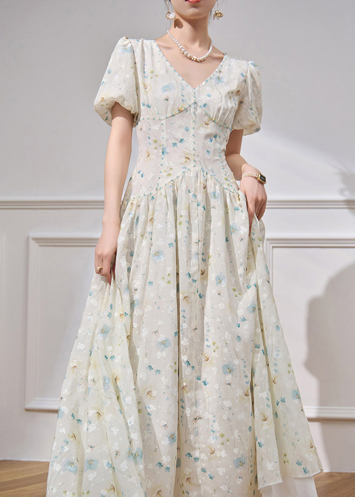 White V Neck Patchwork Chiffon Long Dress Short Sleeve