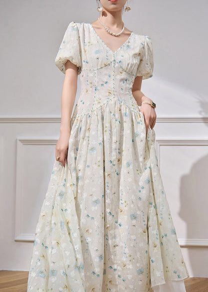 White V Neck Patchwork Chiffon Long Dress Short Sleeve
