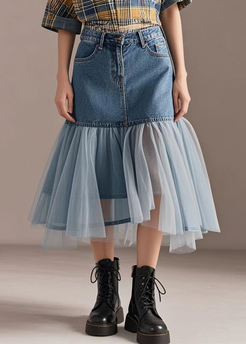 Blue Wraped Patchwork Tulle Denim Skirts Spring