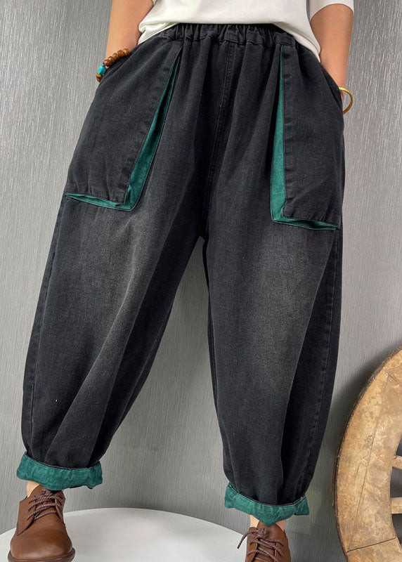 Classy Black Elastic Waist Pockets Denim Pants Spring