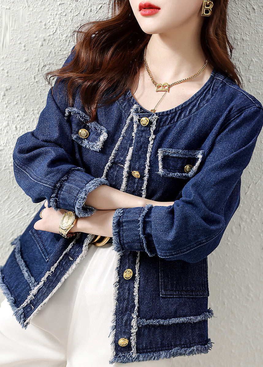 Natural Denim Blue O-neck Patchwork Button Coat Long Sleeve