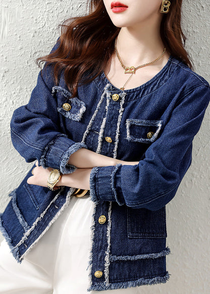 Natural Denim Blue O-neck Patchwork Button Coat Long Sleeve