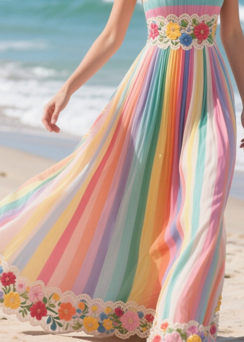 Rainbow Striped Patchwork Flower Chiffon Strapless Dress Summer