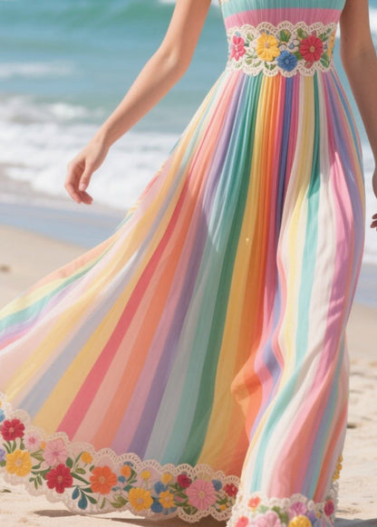 Rainbow Striped Patchwork Flower Chiffon Strapless Dress Summer