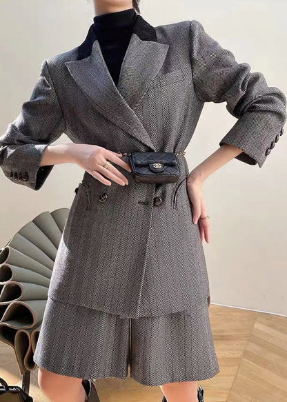 French Grey High Waist Coat and Shorts Thick Two Pieces Set Long Sleeve