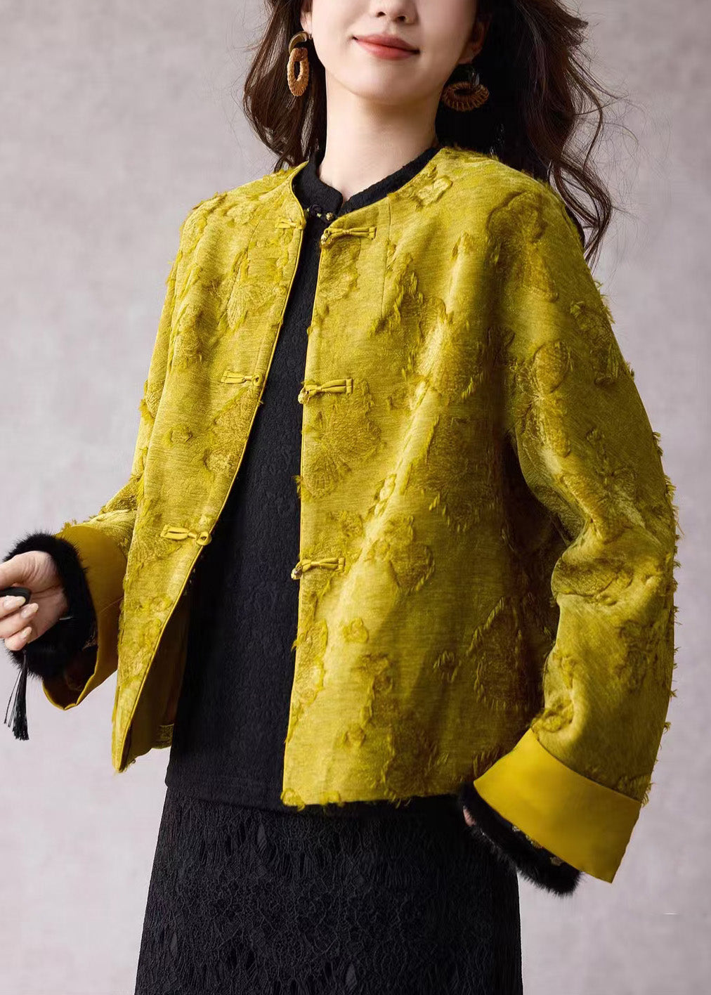 Green O Neck Jacquard Fine Cotton Filled Jacket Winter