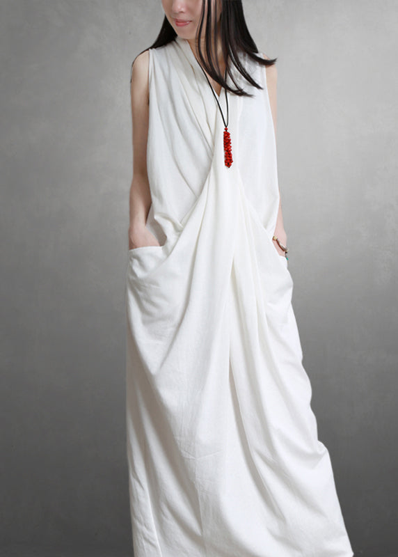 White V Neck Pockets Cotton Maxi Dresses Sleeveless
