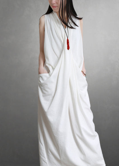 White V Neck Pockets Cotton Maxi Dresses Sleeveless