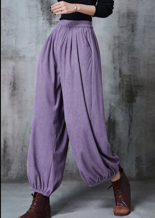 Purple Elastic Waist Corduroy Pants Spring