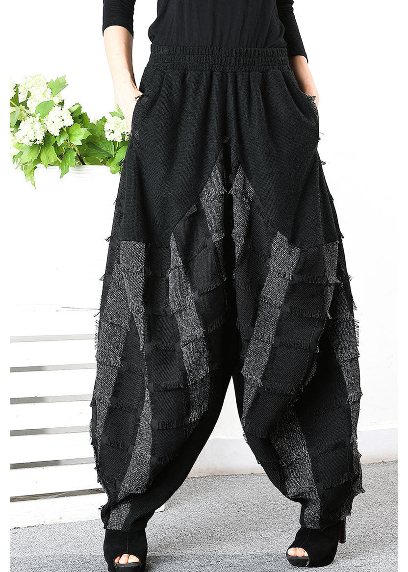 Simple Black Grey Patch Applique Striped Pants Spring