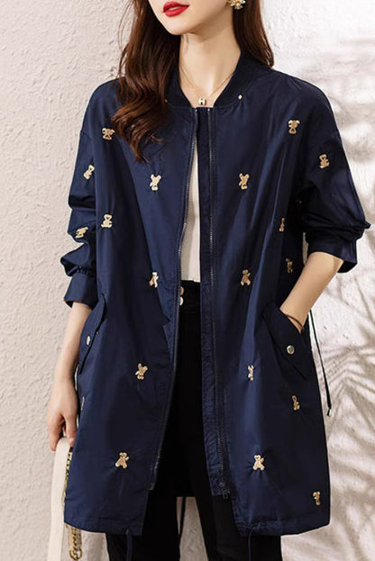 Navy Bear Embroidered Spandex Trench Coats Fall