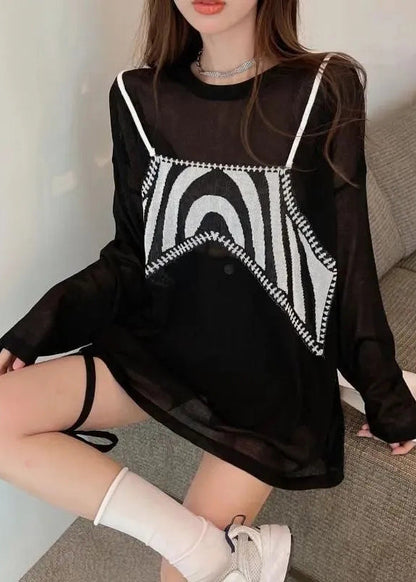 Loose White O-neck Print Tops Spring