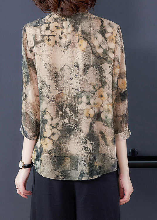 Apricot Asymmetrical Print Silk Shirts Bracelet Sleeve
