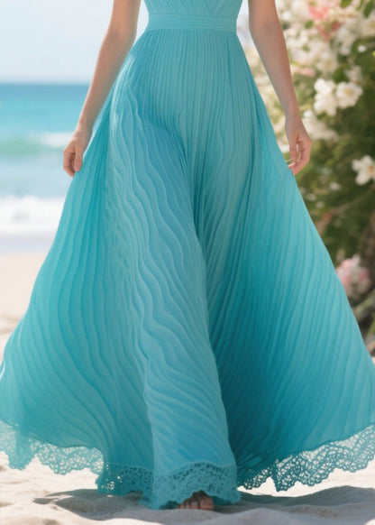 Lake Blue Wrinkled Patchwork Lace Party Dress Summer