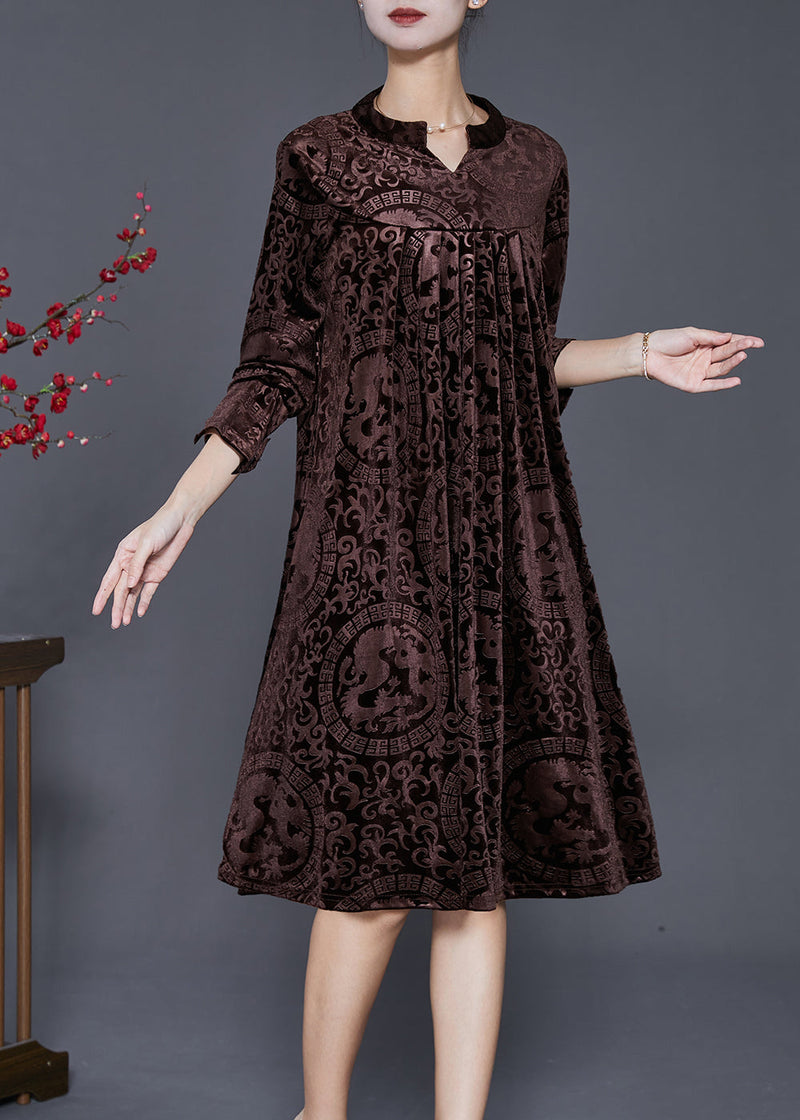 Chocolate V Neck Print Silk Velour Maxi Dresses Fall
