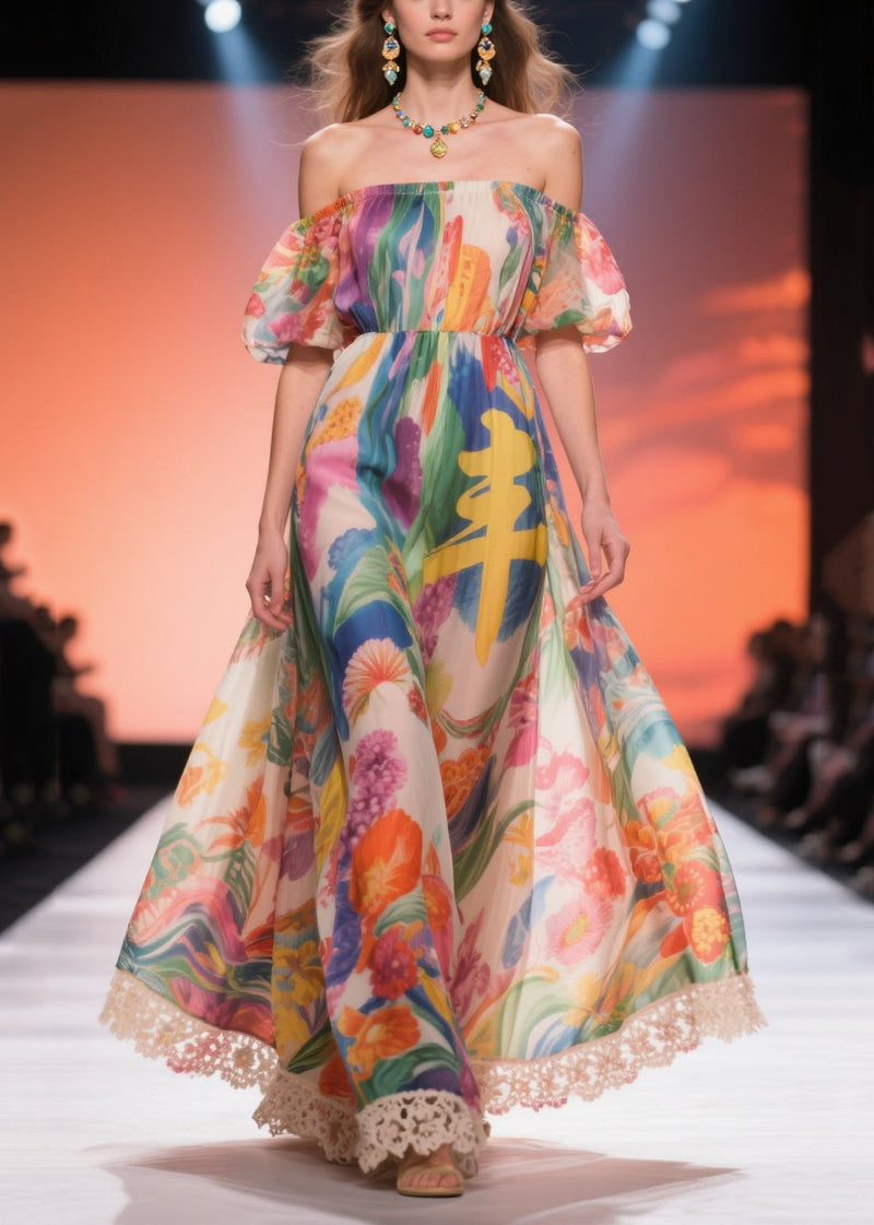 Print Chiffon Long Dress Cold Shoulder Summer