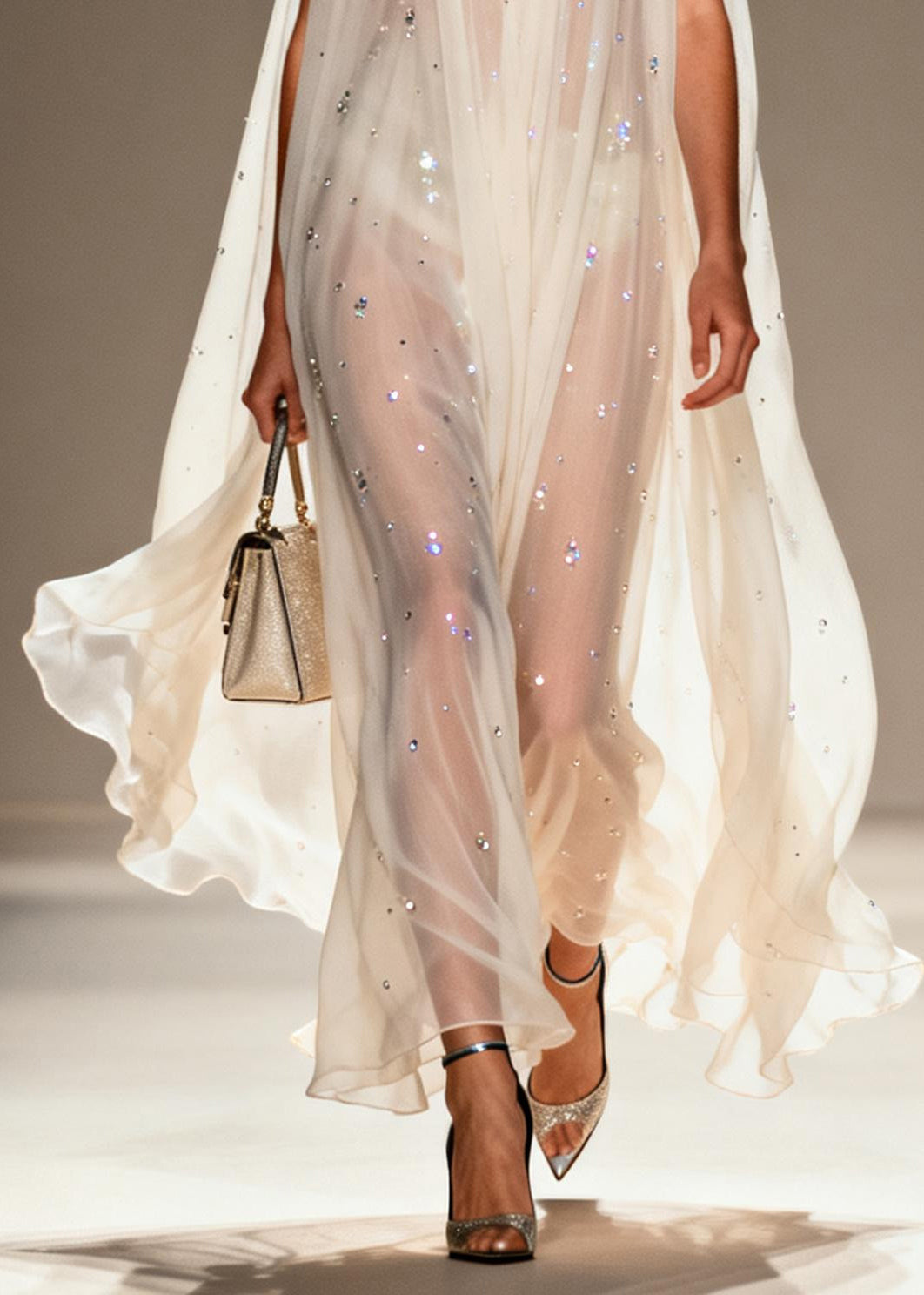 White Rhinestone Draping Chiffon Sheer Dress Sleeveless Summer