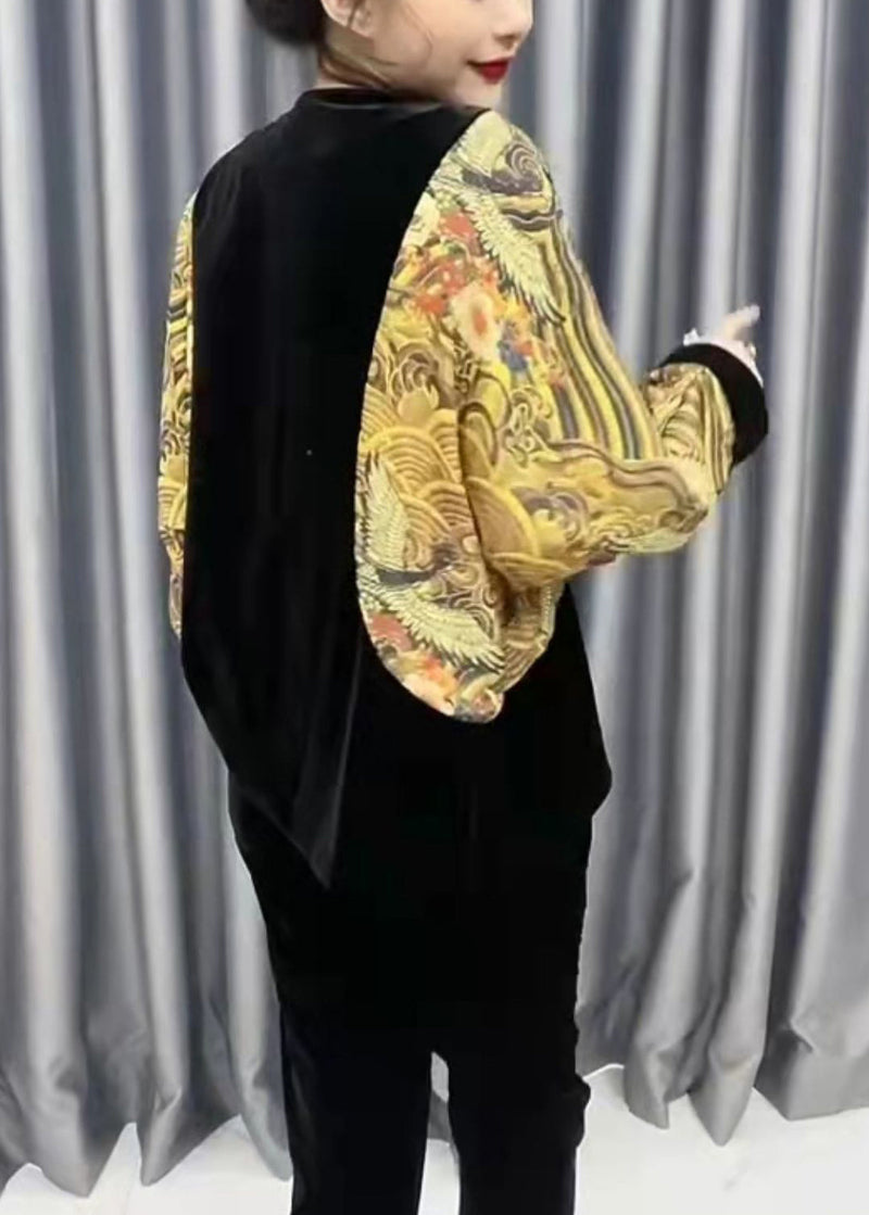 Yellow V Neck Print Patchwork Silk Velour Coats and Crop Pants Two Pieces Set Fall