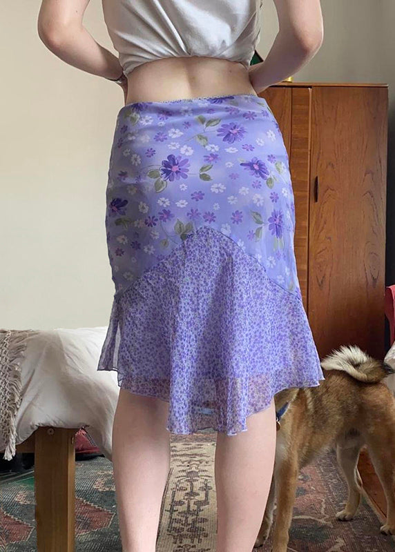 Purple Zippered Print Patchwork Chiffon Skirt Summer