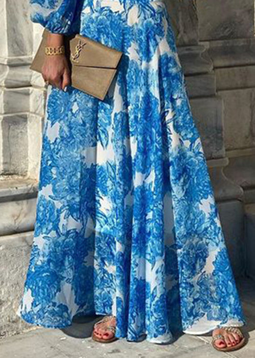 Blue Slash Neck Print Cotton Dress Long Sleeve
