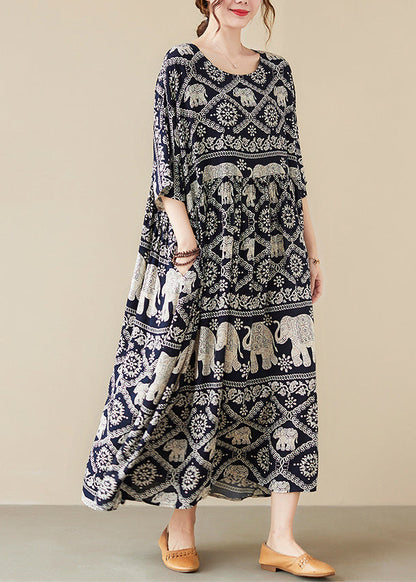 Loose Black O-neck Print Maxi Cotton Dress Half Sleeve Summer