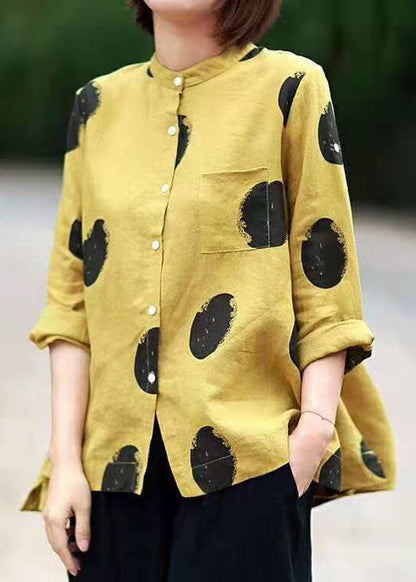 Blue Dot Print Patchwork Linen Top Button Stand Collar Summer