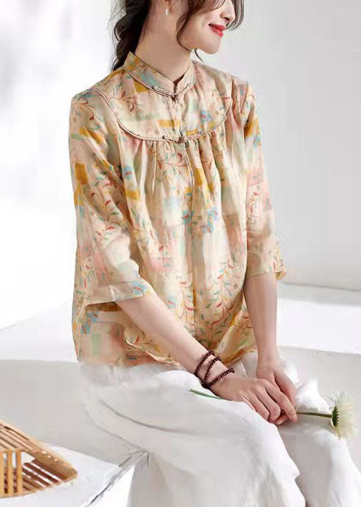 Khaki Stand Collar Print Tops Three Quarter Sleeve